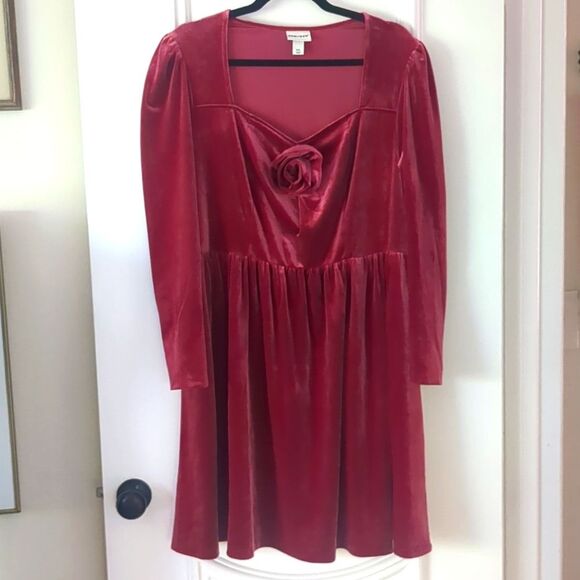 Ava & Viv Dress 1X Rose Velvet Sweetheart Neckline Rosette Midi A-Line - Picture 4 of 12